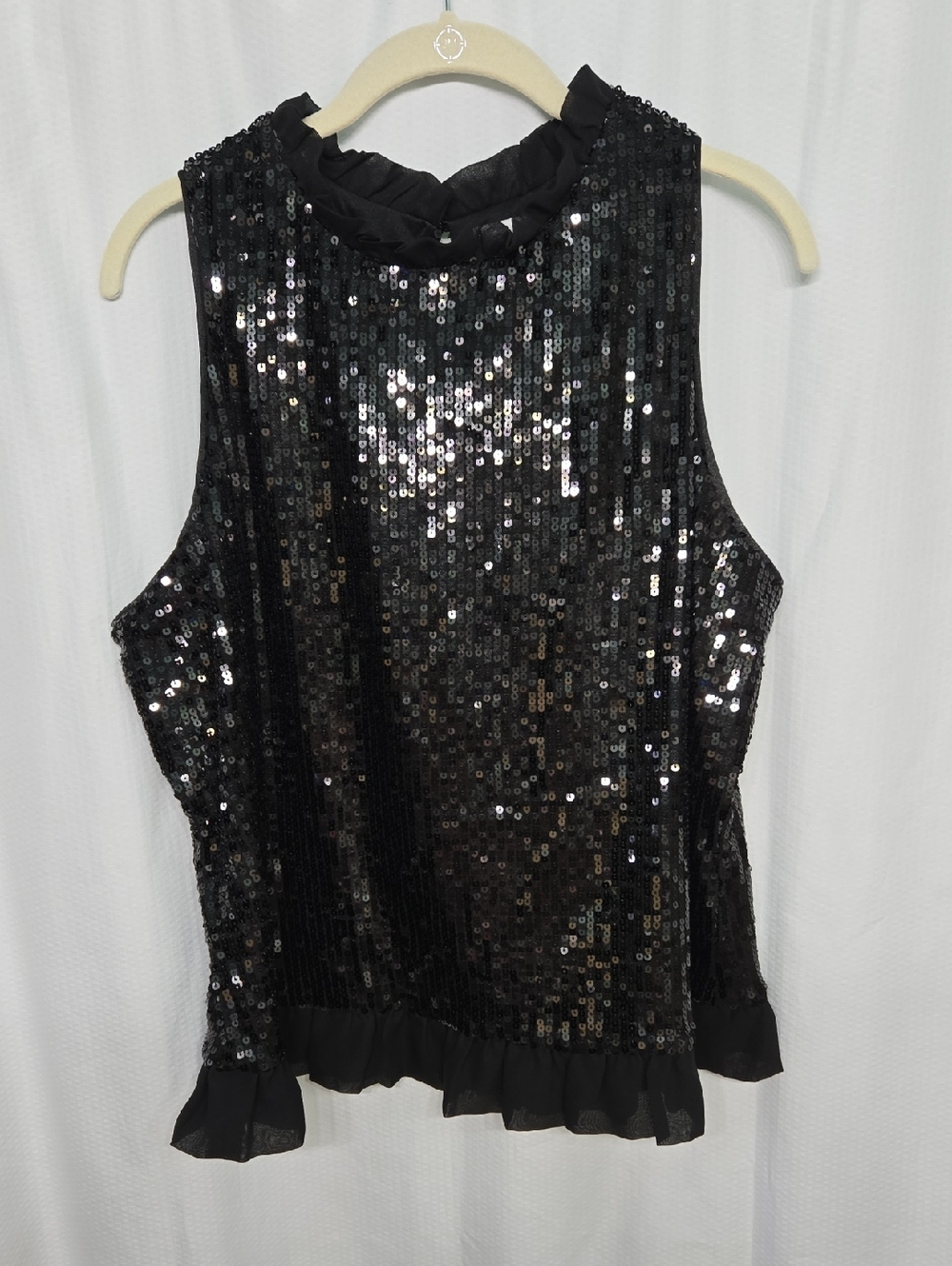 Black Sequin Ruffle-Neck Sleeveless Top